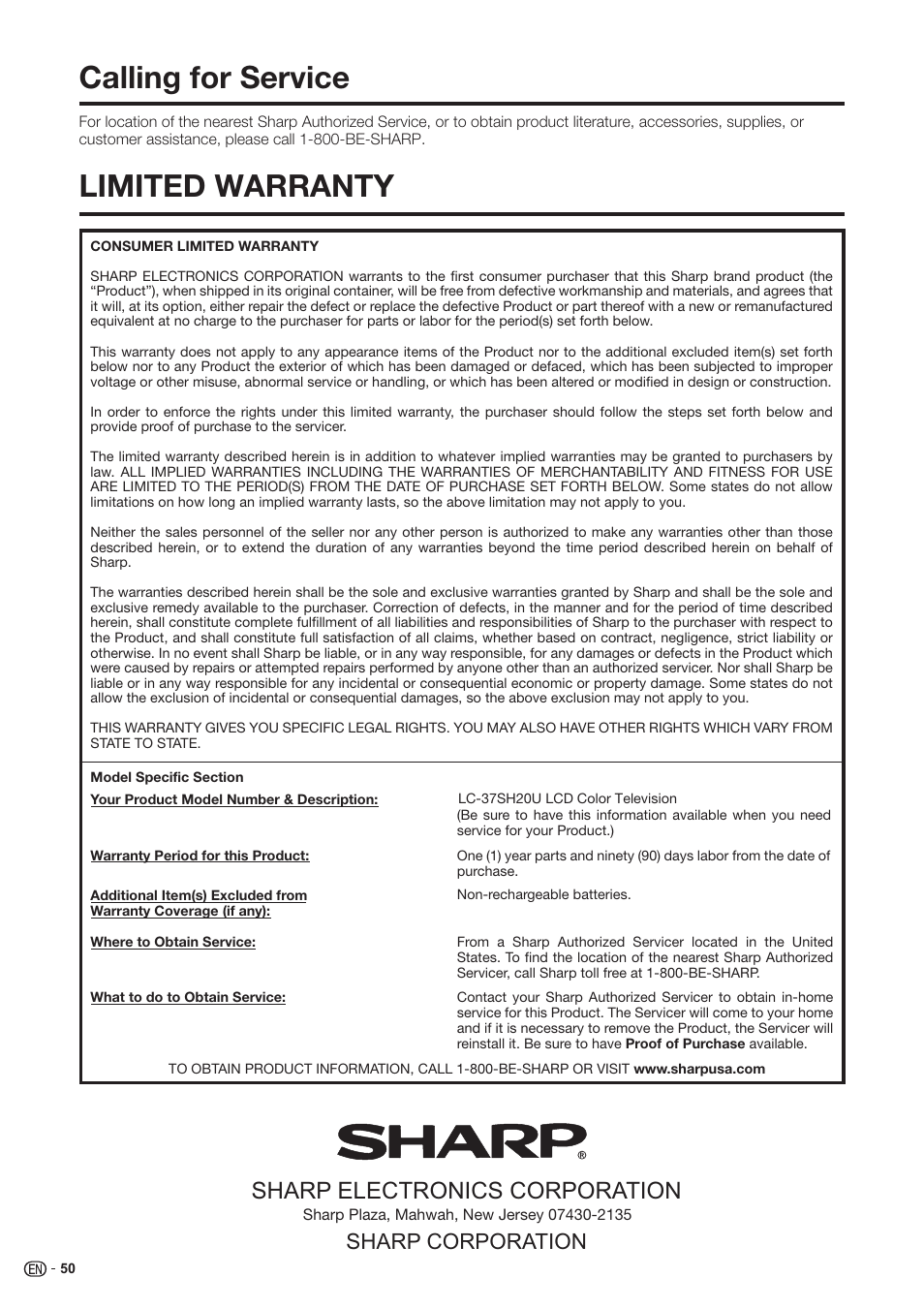Calling for service limited warranty, Sharp electronics corporation, Sharp corporation | Sharp Aquos LC 37SH20U User Manual | Page 51 / 53