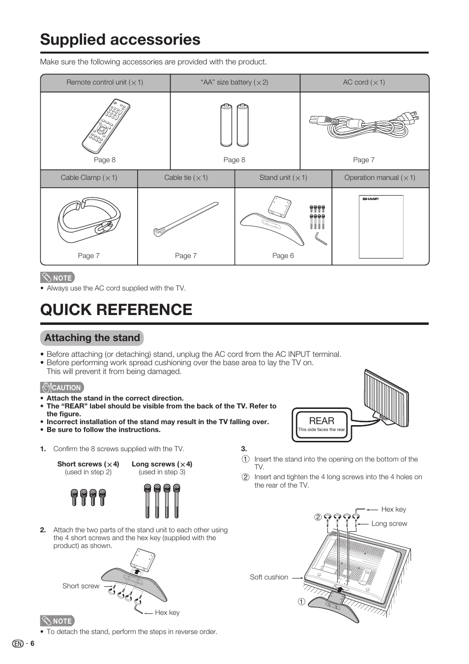 Supplied accessories, Quick reference, Attaching the stand | Rear | Sharp Aquos LC 37SH20U User Manual | Page 7 / 53