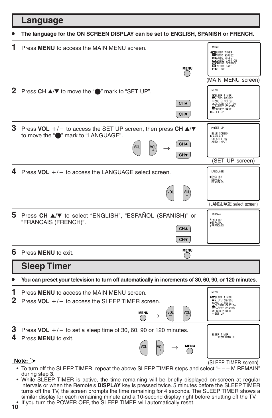 Sleep timer, Language, Press menu to access the main menu screen | Press ch a/s to move the “e” mark to “set up, Press vol k/l to access the language select screen, Press menu to exit, Press vol k/l to access the sleep timer screen | Sharp 32U-S60B User Manual | Page 10 / 48