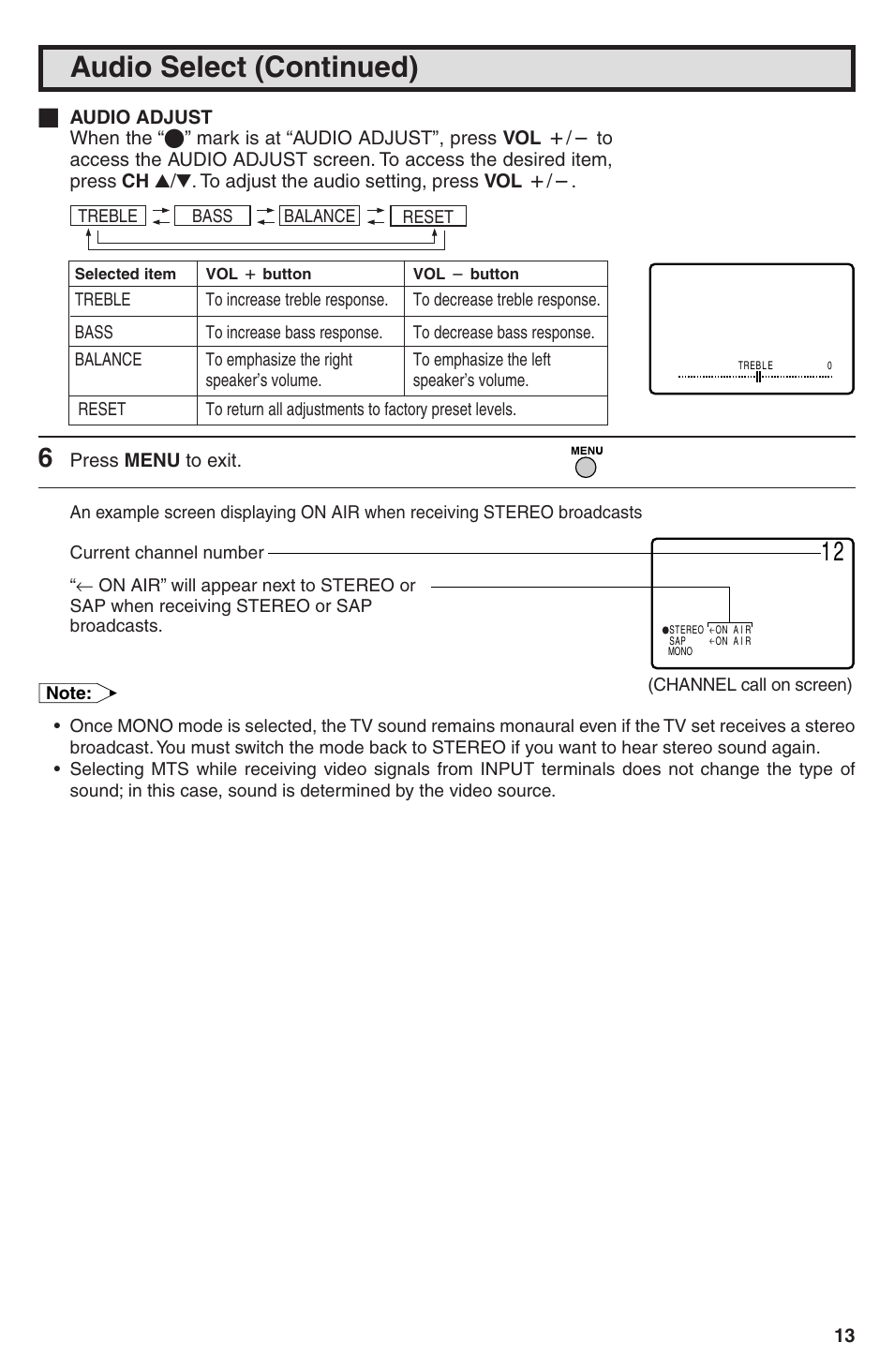Audio select (continued) | Sharp 32U-S60B User Manual | Page 13 / 48