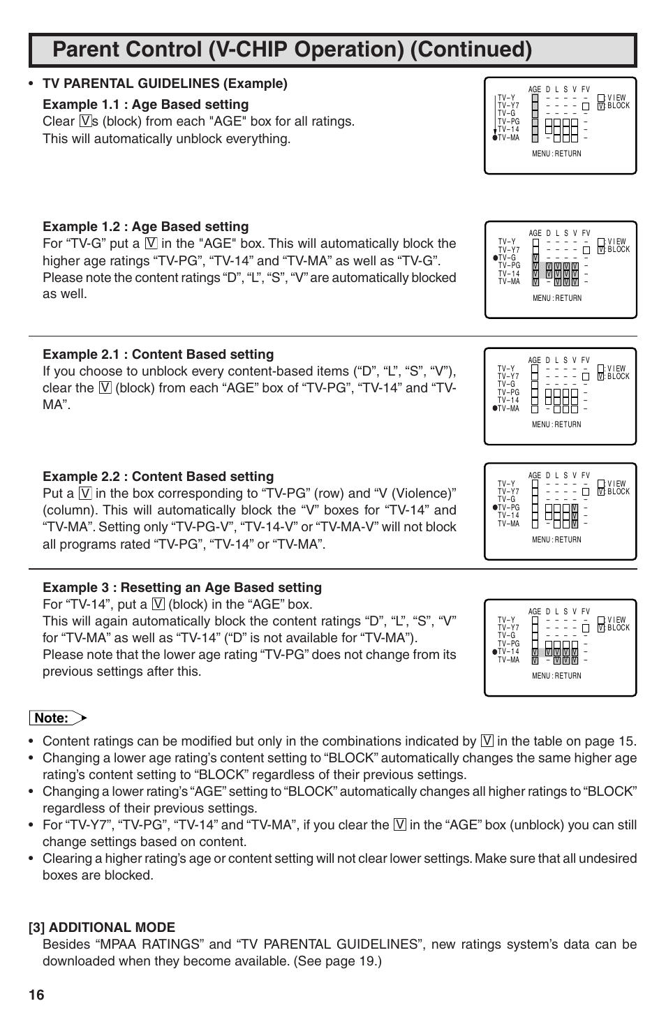 Parent control (v-chip operation) (continued) | Sharp 32U-S60B User Manual | Page 16 / 48