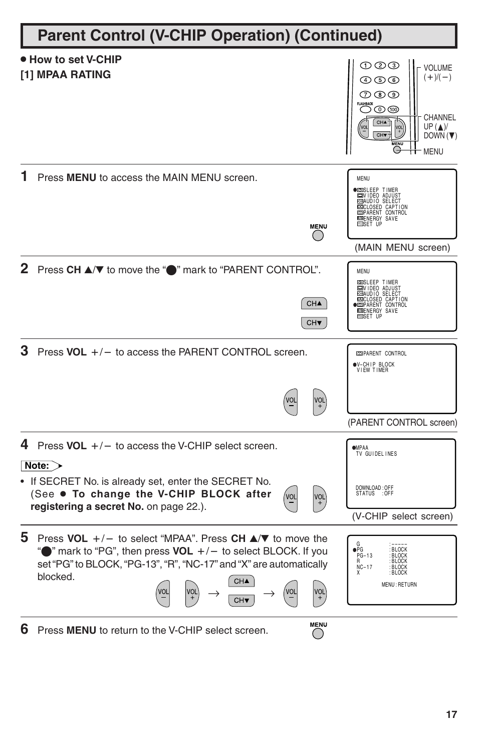 Parent control (v-chip operation) (continued), How to set v-chip [1] mpaa rating | Sharp 32U-S60B User Manual | Page 17 / 48