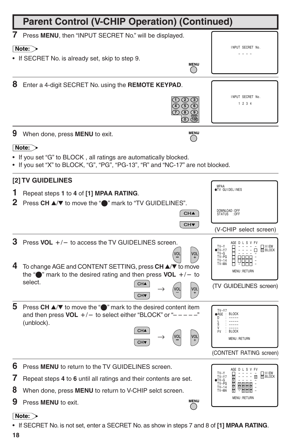 Parent control (v-chip operation) (continued), 2] tv guidelines, If secret no. is already set, skip to step 9 | Enter a 4-digit secret no. using the remote keypad, When done, press menu to exit, Repeat steps 1 to 4 of [1] mpaa rating, Press vol k/l to access the tv guidelines screen, Press menu to return to the tv guidelines screen, Press menu to exit | Sharp 32U-S60B User Manual | Page 18 / 48