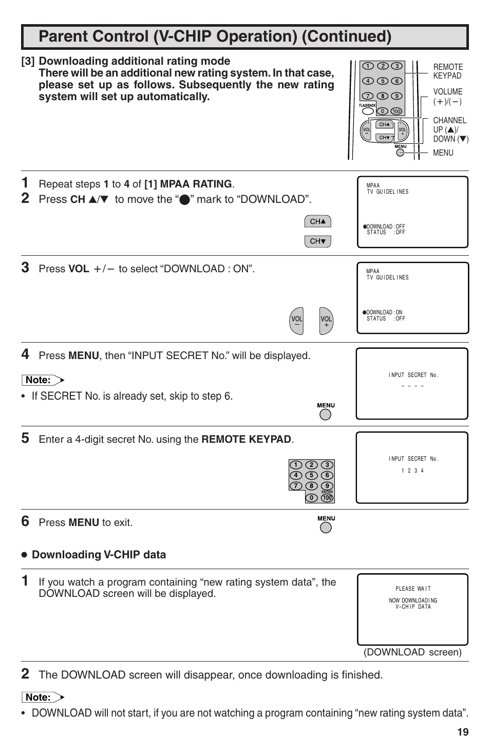 Press, Mark to “download, If secret no. is already set, skip to step 6 | Downloading v-chip data | Sharp 32U-S60B User Manual | Page 19 / 48