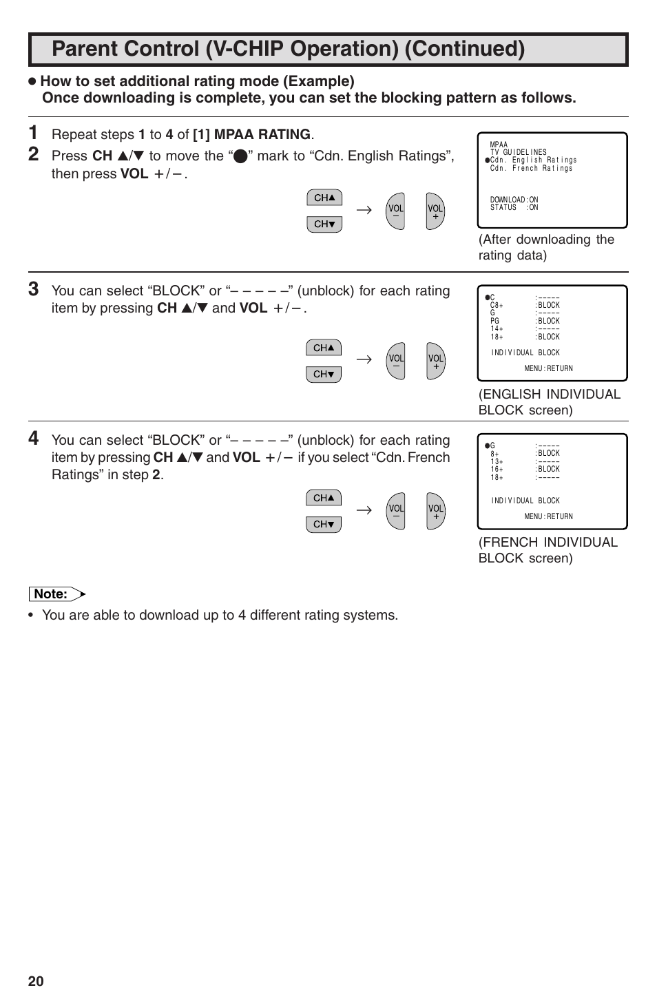 Parent control (v-chip operation) (continued), Repeat steps 1 to 4 of [1] mpaa rating, After downloading the rating data) | English individual block screen), French individual block screen) | Sharp 32U-S60B User Manual | Page 20 / 48