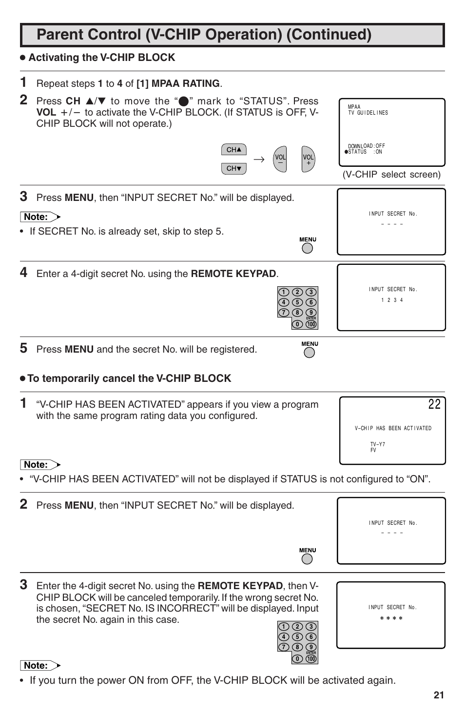 Parent control (v-chip operation) (continued), Activating the v-chip block | Sharp 32U-S60B User Manual | Page 21 / 48