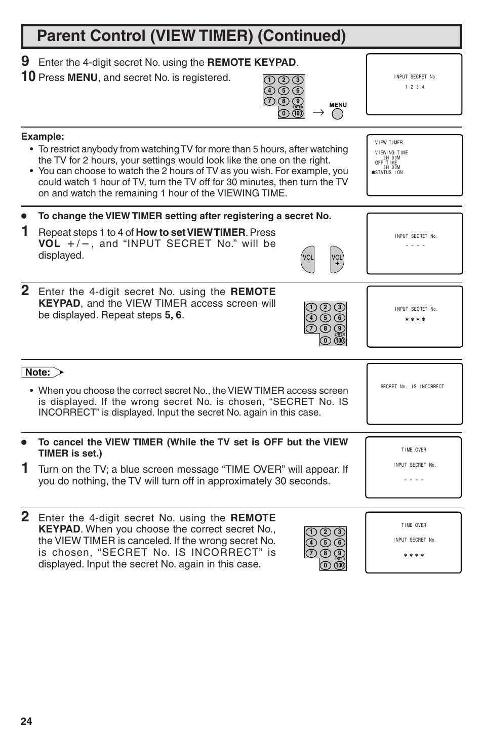 Parent control (view timer) (continued), Press menu , and secret no. is registered | Sharp 32U-S60B User Manual | Page 24 / 48