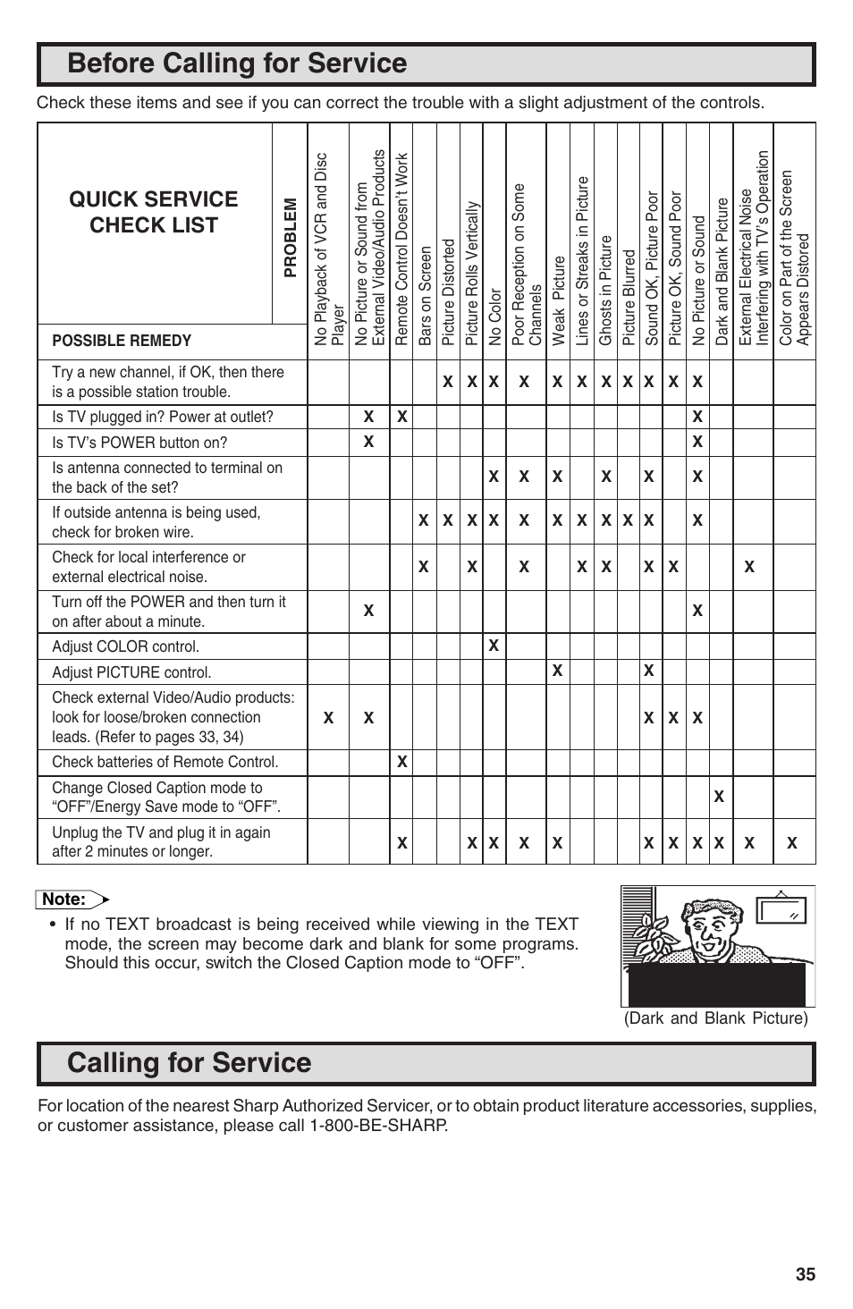 Before calling for service, Calling for service, Quick service check list | Sharp 32U-S60B User Manual | Page 35 / 48