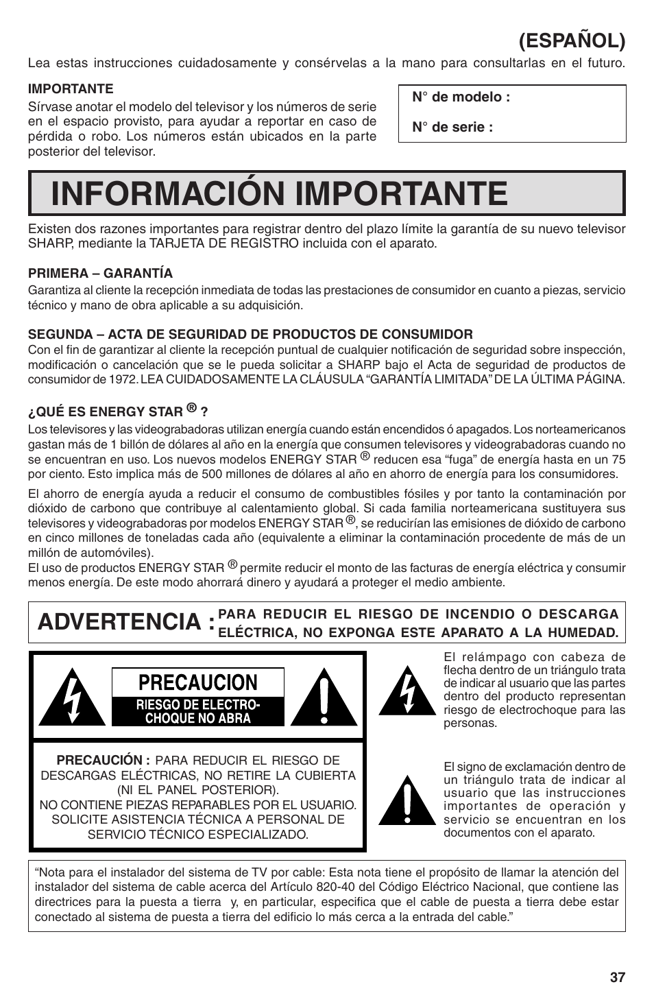 Información importante, Advertencia, Español) | Sharp 32U-S60B User Manual | Page 37 / 48