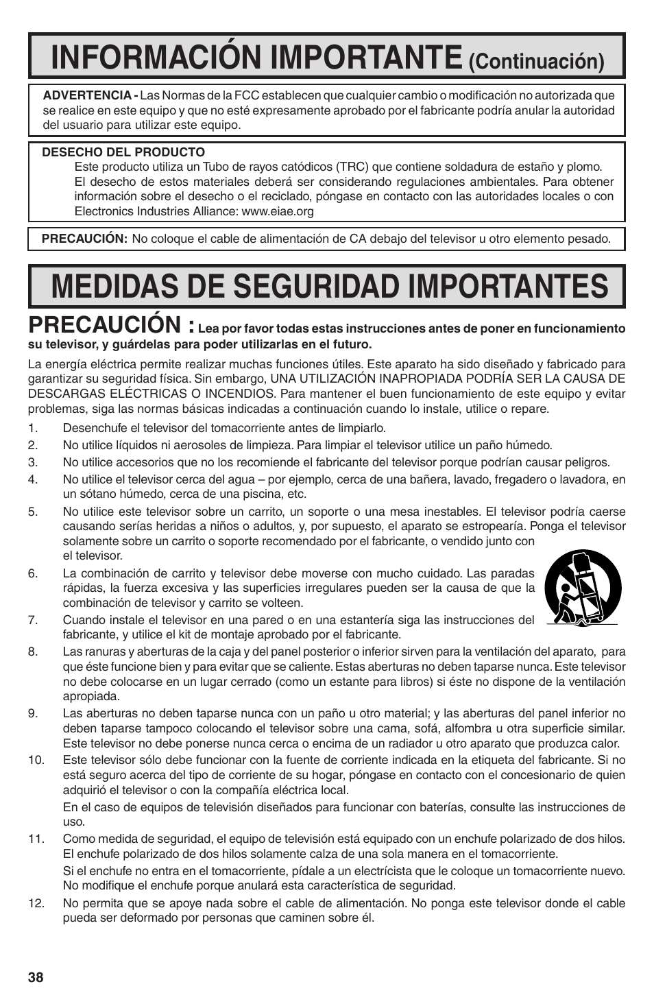 Información importante, Medidas de seguridad importantes, Precaución | Continuación) | Sharp 32U-S60B User Manual | Page 38 / 48