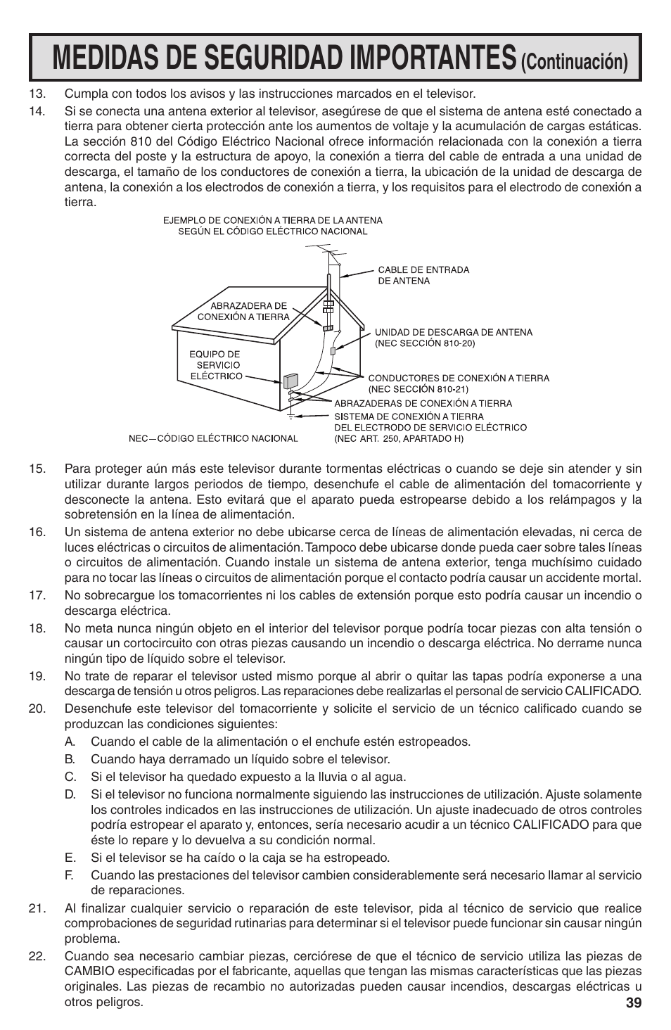 Medidas de seguridad importantes, Continuación) | Sharp 32U-S60B User Manual | Page 39 / 48
