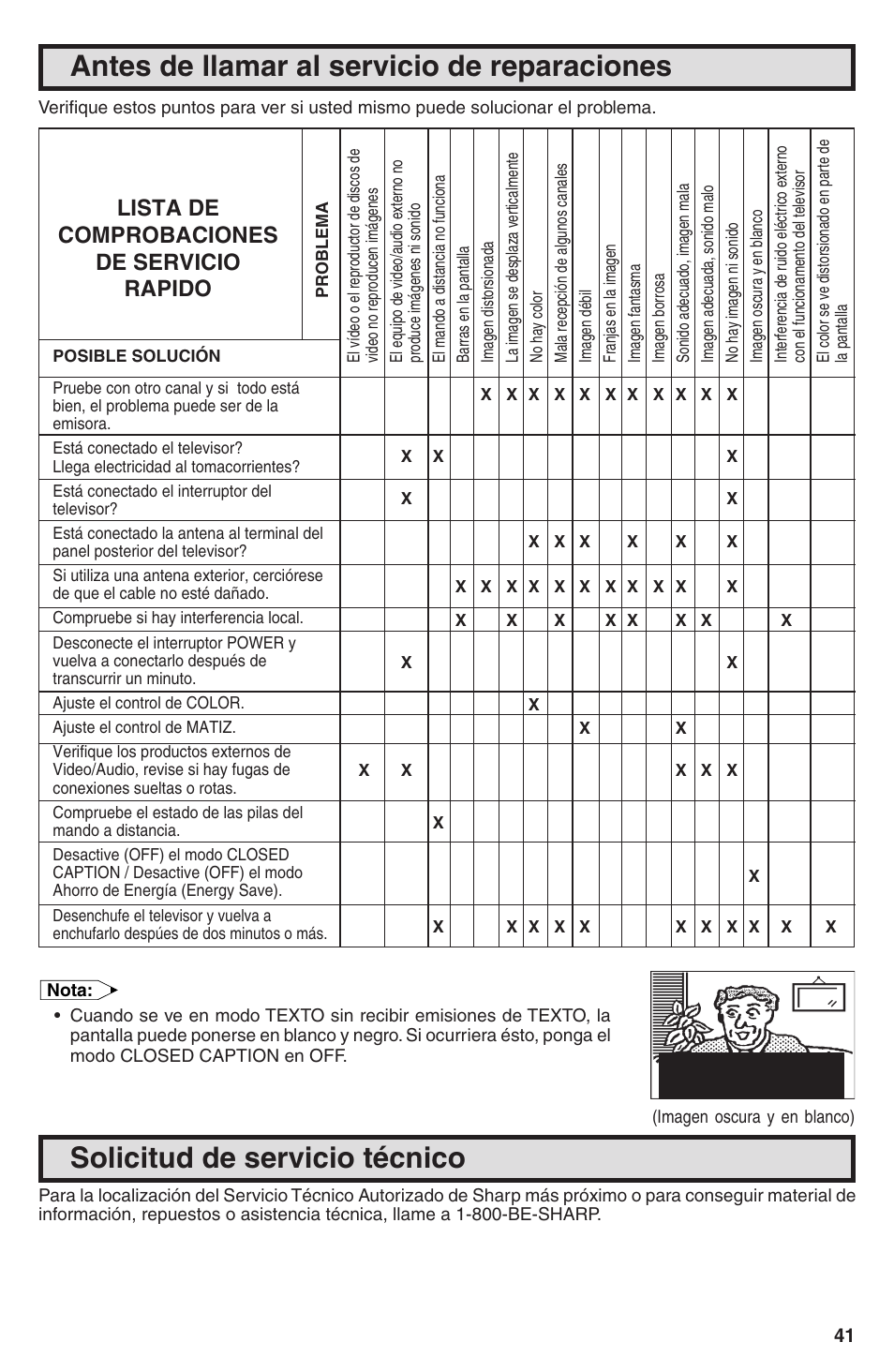 Antes de llamar al servicio de reparaciones, Solicitud de servicio técnico, Lista de comprobaciones de servicio rapido | Sharp 32U-S60B User Manual | Page 41 / 48