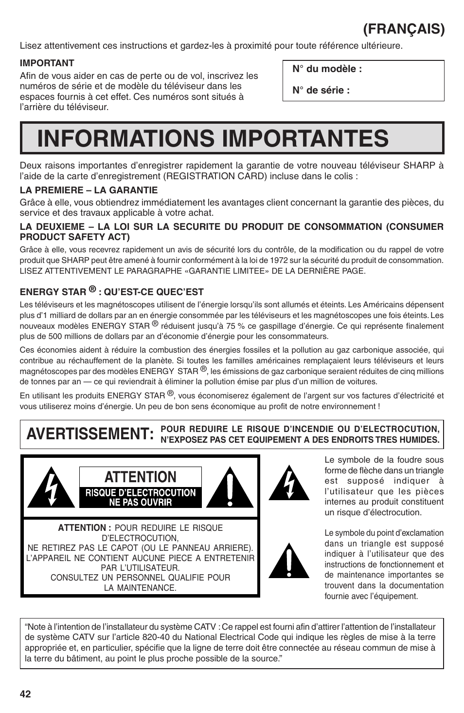 Informations importantes, Avertissement, Français) | Sharp 32U-S60B User Manual | Page 42 / 48