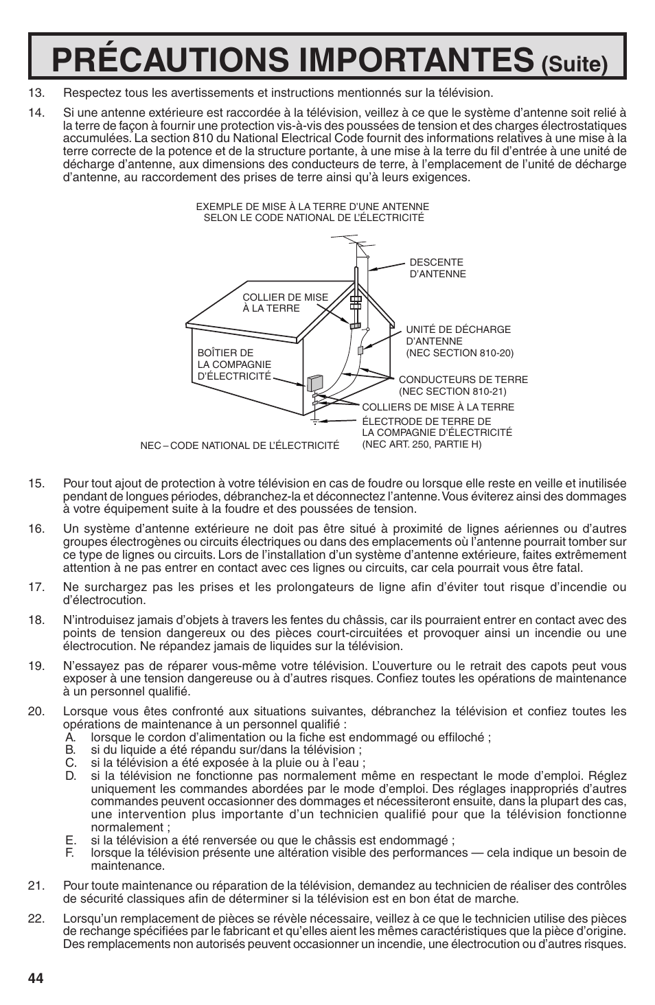 Précautions importantes, Suite) | Sharp 32U-S60B User Manual | Page 44 / 48