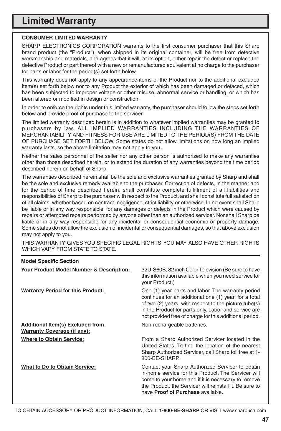 Limited warranty | Sharp 32U-S60B User Manual | Page 47 / 48