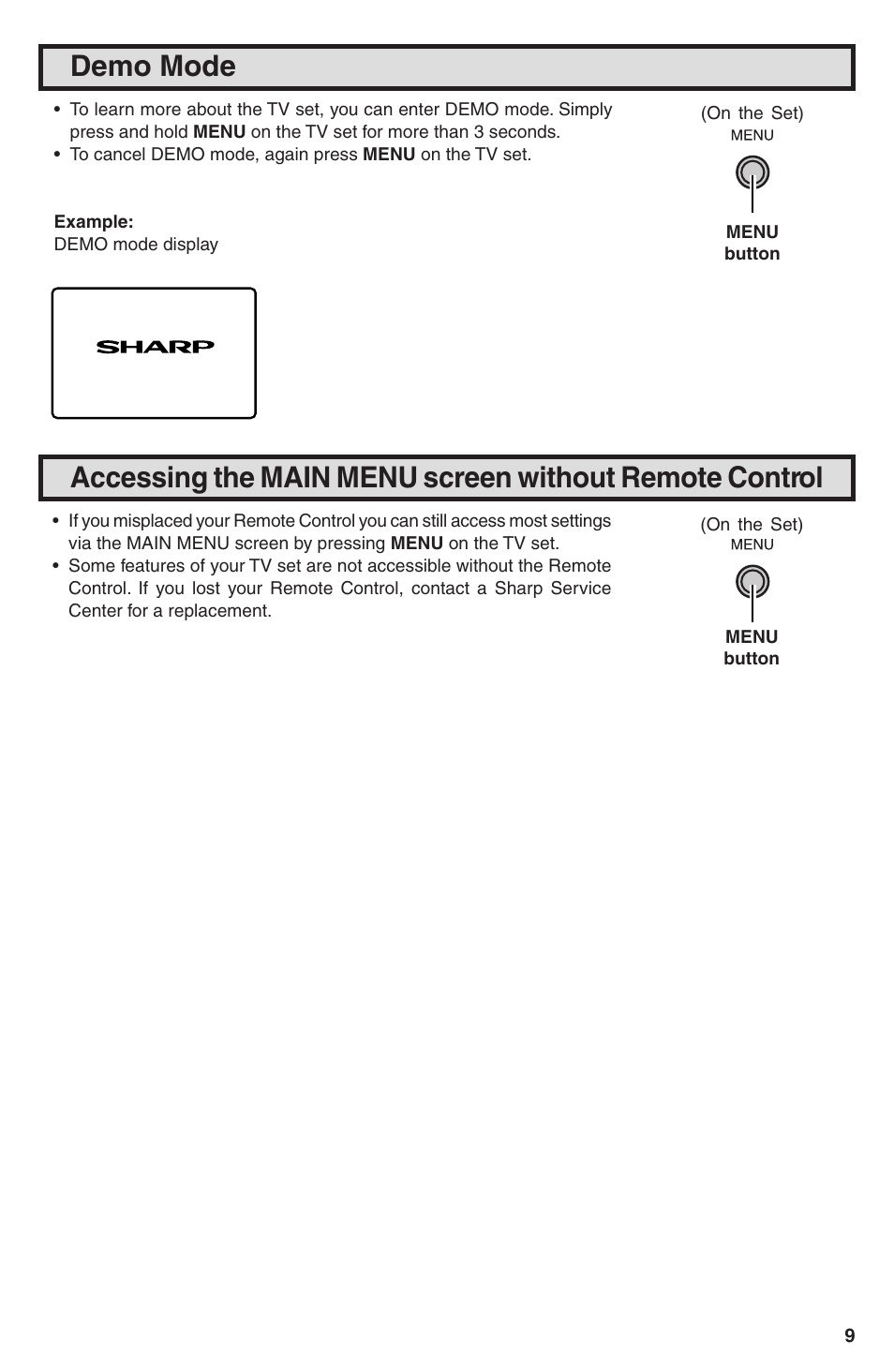 Demo mode | Sharp 32U-S60B User Manual | Page 9 / 48