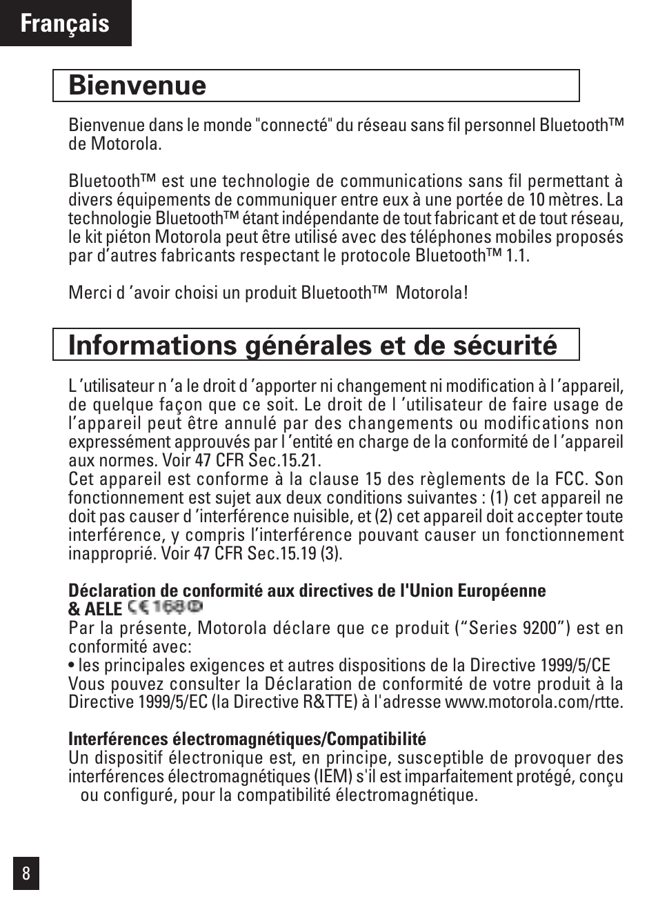 Bienvenue, Informations générales et de sécurité, Français | Motorola Bluetooth User Manual | Page 11 / 84