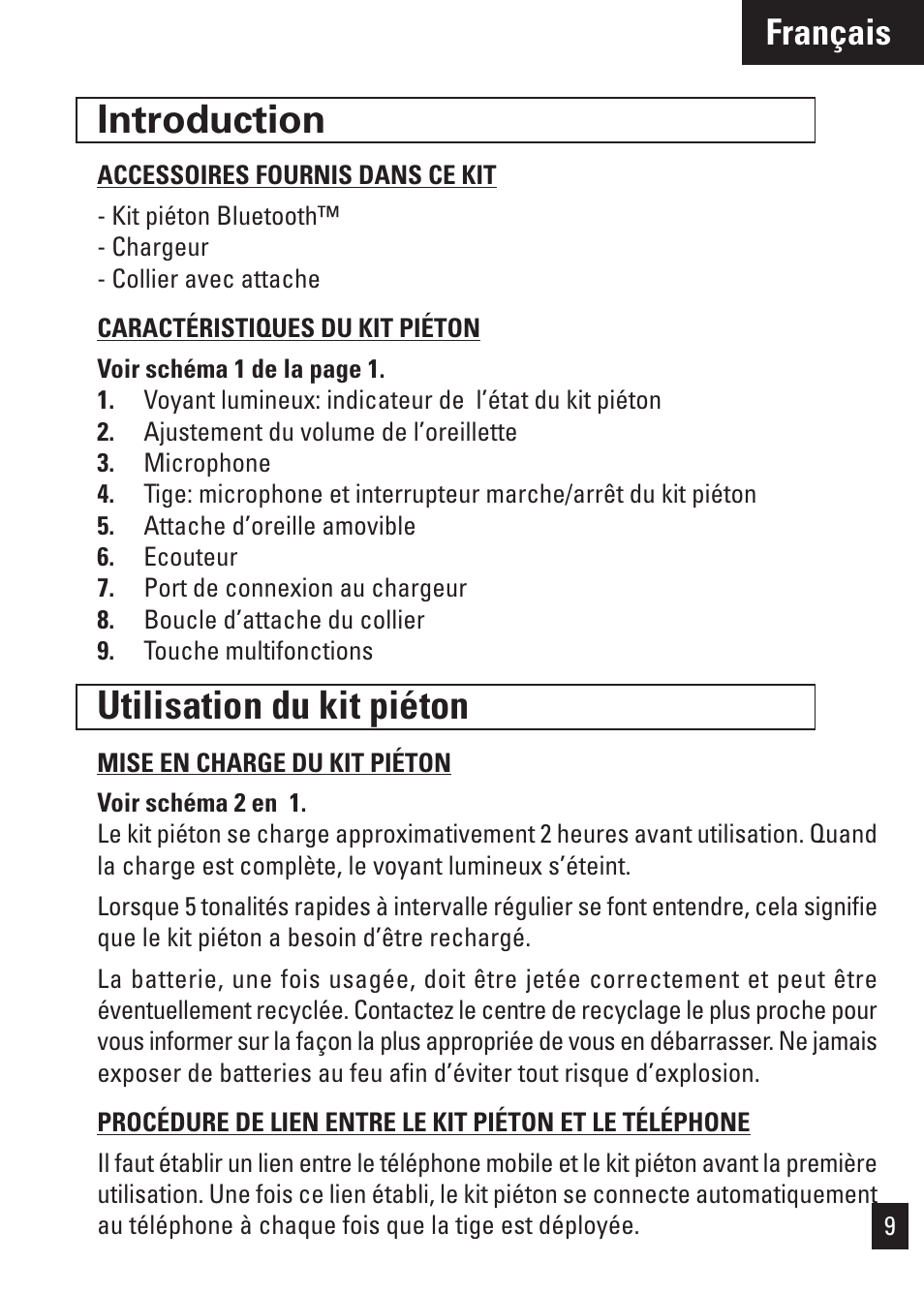 Introduction, Utilisation du kit piéton, Français | Motorola Bluetooth User Manual | Page 12 / 84