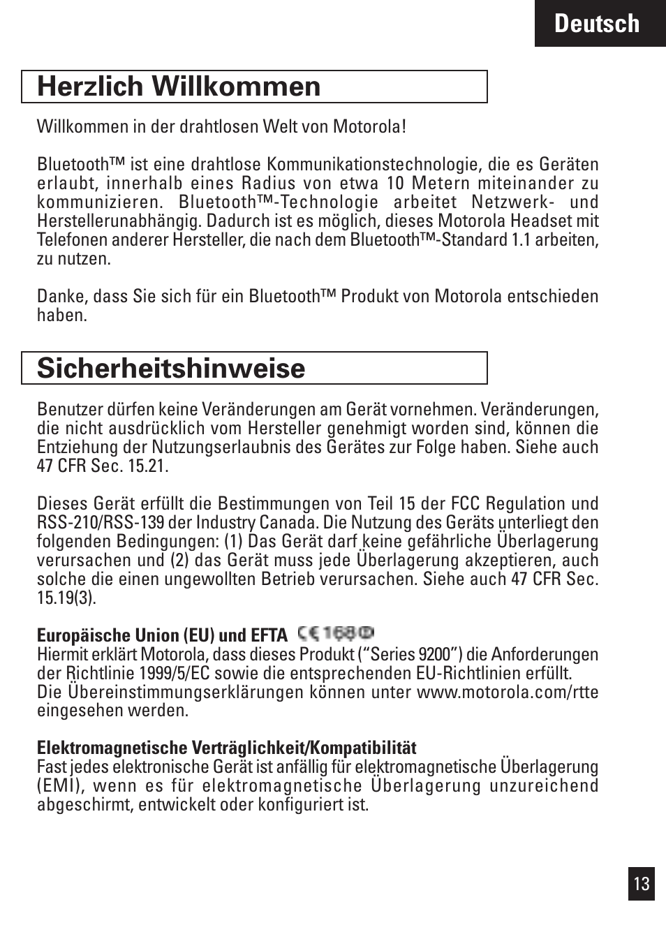 Herzlich willkommen, Sicherheitshinweise, Deutsch | Motorola Bluetooth User Manual | Page 16 / 84