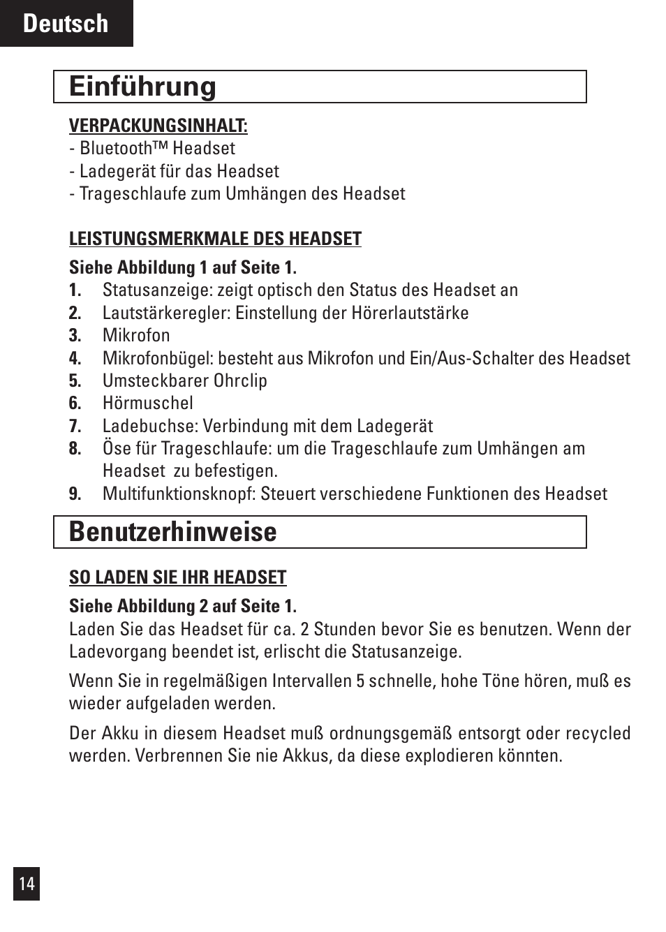 Einführung, Benutzerhinweise, Deutsch | Motorola Bluetooth User Manual | Page 17 / 84