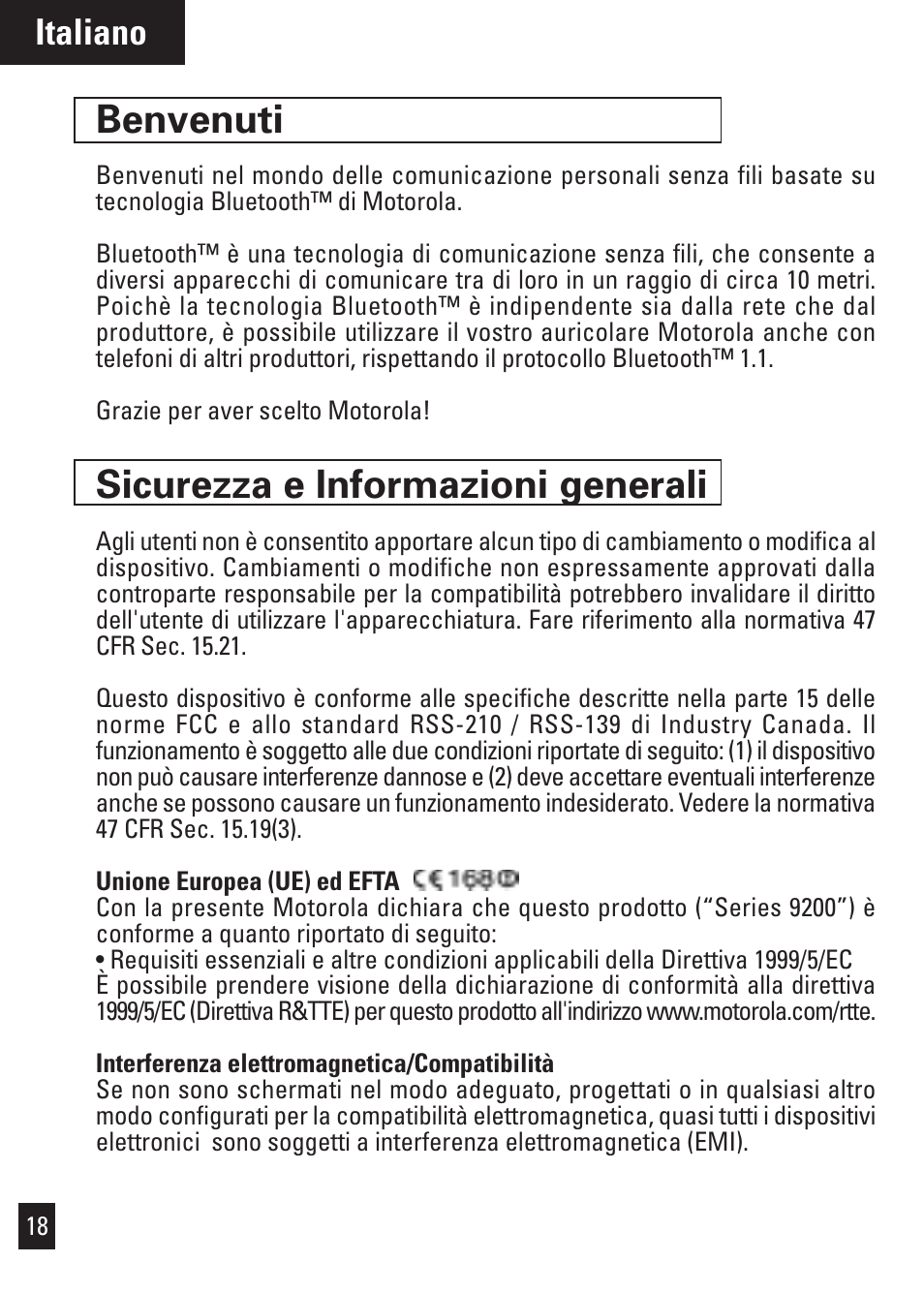 Benvenuti, Sicurezza e informazioni generali, Italiano | Motorola Bluetooth User Manual | Page 21 / 84