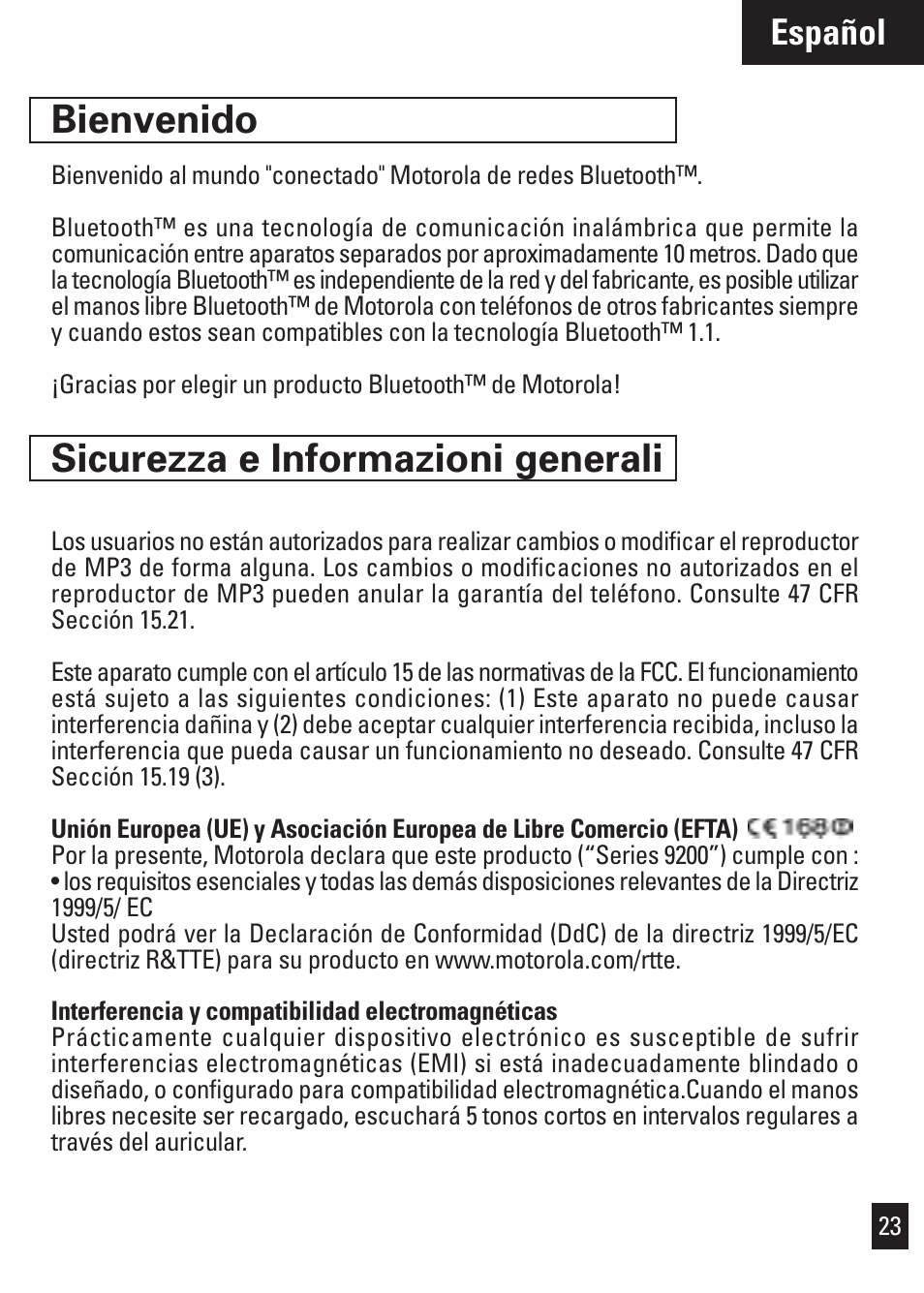 Bienvenido, Sicurezza e informazioni generali, Español | Motorola Bluetooth User Manual | Page 26 / 84