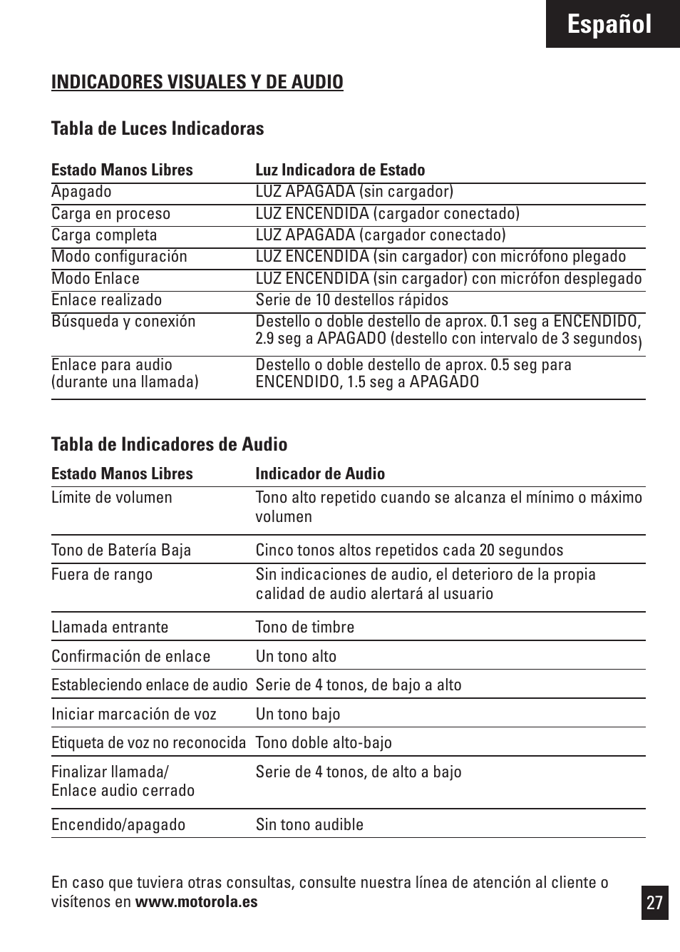 Español | Motorola Bluetooth User Manual | Page 30 / 84