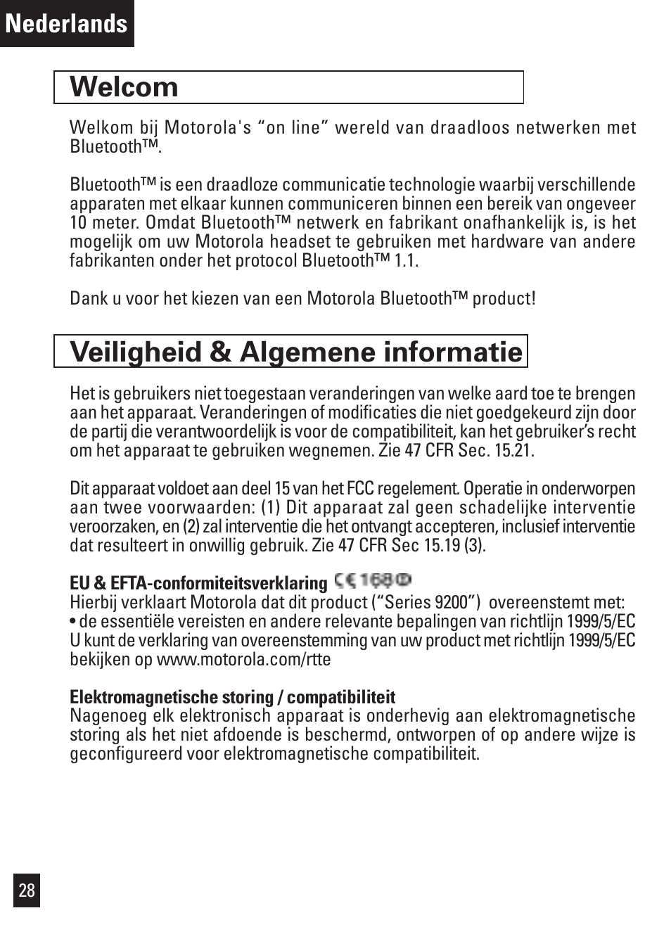 Welcom, Veiligheid & algemene informatie, Nederlands | Motorola Bluetooth User Manual | Page 31 / 84