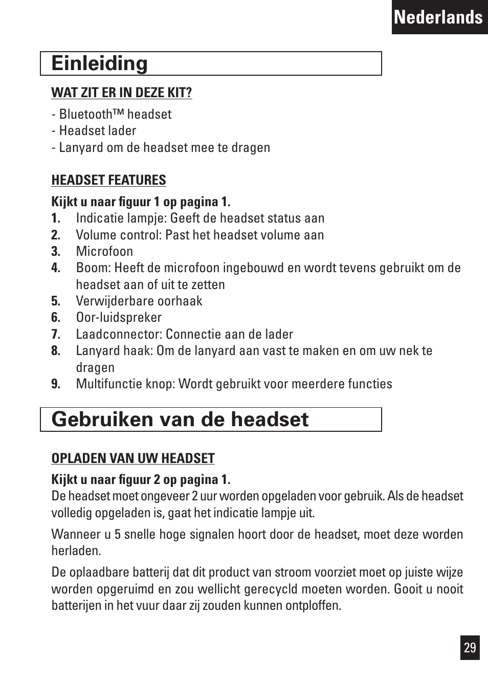 Einleiding, Gebruiken van de headset, Nederlands | Motorola Bluetooth User Manual | Page 32 / 84