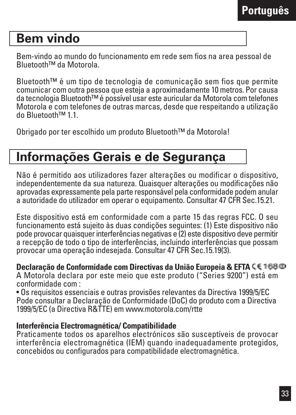 Bem vindo, Informações gerais e de segurança, Português | Motorola Bluetooth User Manual | Page 36 / 84