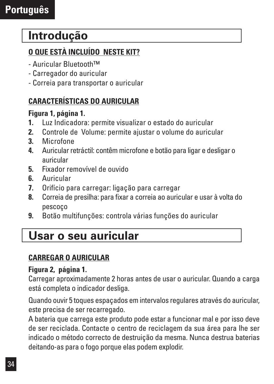 Introdução, Usar o seu auricular, Português | Motorola Bluetooth User Manual | Page 37 / 84