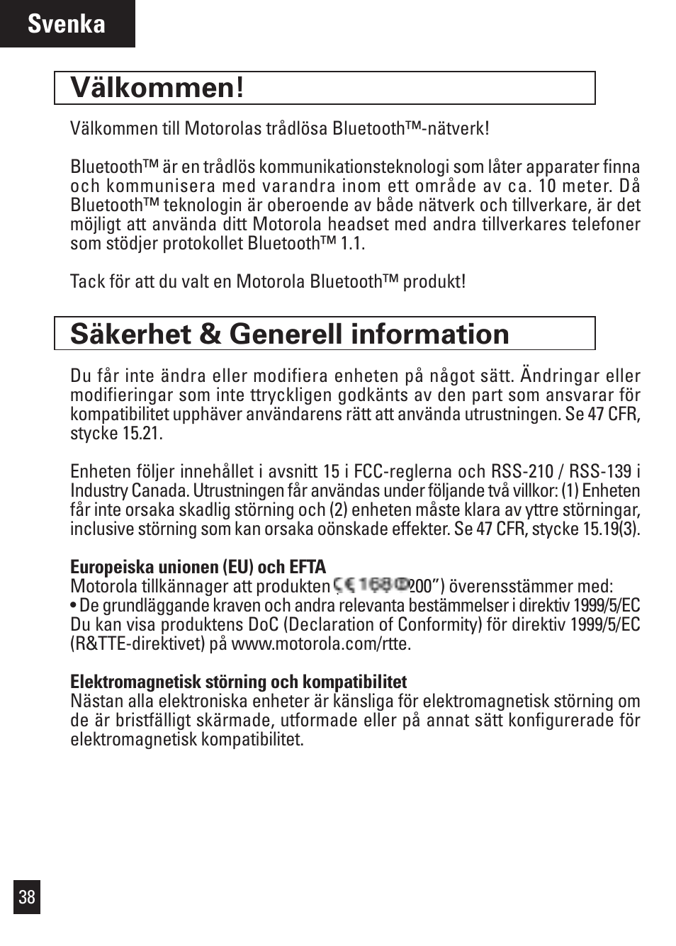 Välkommen, Säkerhet & generell information, Svenka | Motorola Bluetooth User Manual | Page 41 / 84