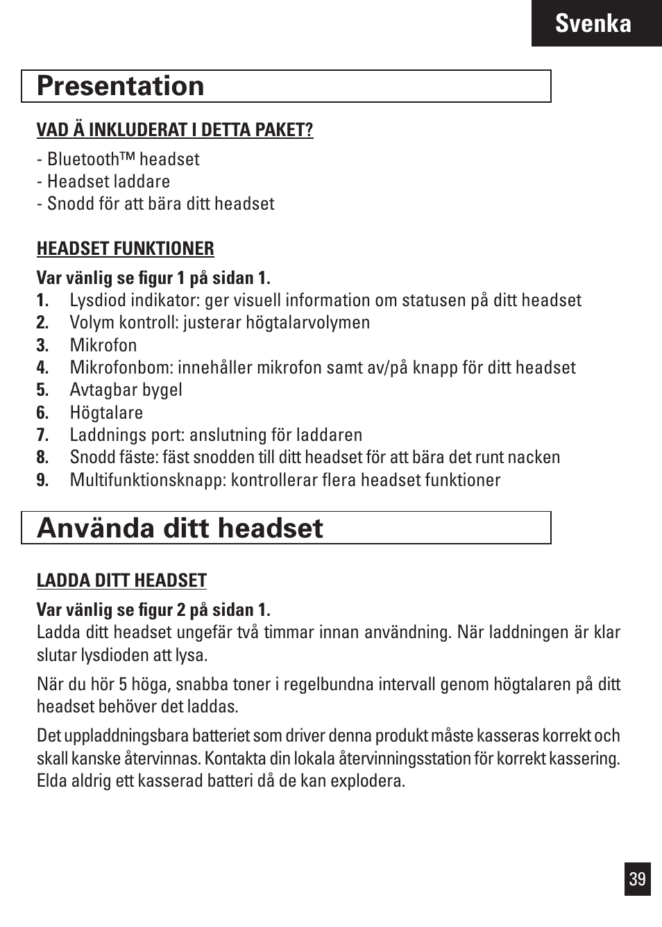 Presentation, Använda ditt headset, Svenka | Motorola Bluetooth User Manual | Page 42 / 84