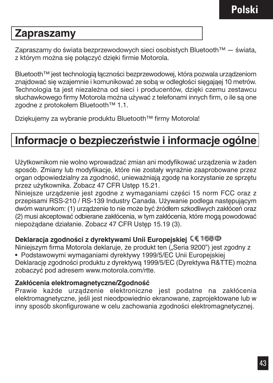 Polski, Zapraszamy, Informacje o bezpieczeƒstwie i informacje ogólne | Motorola Bluetooth User Manual | Page 46 / 84