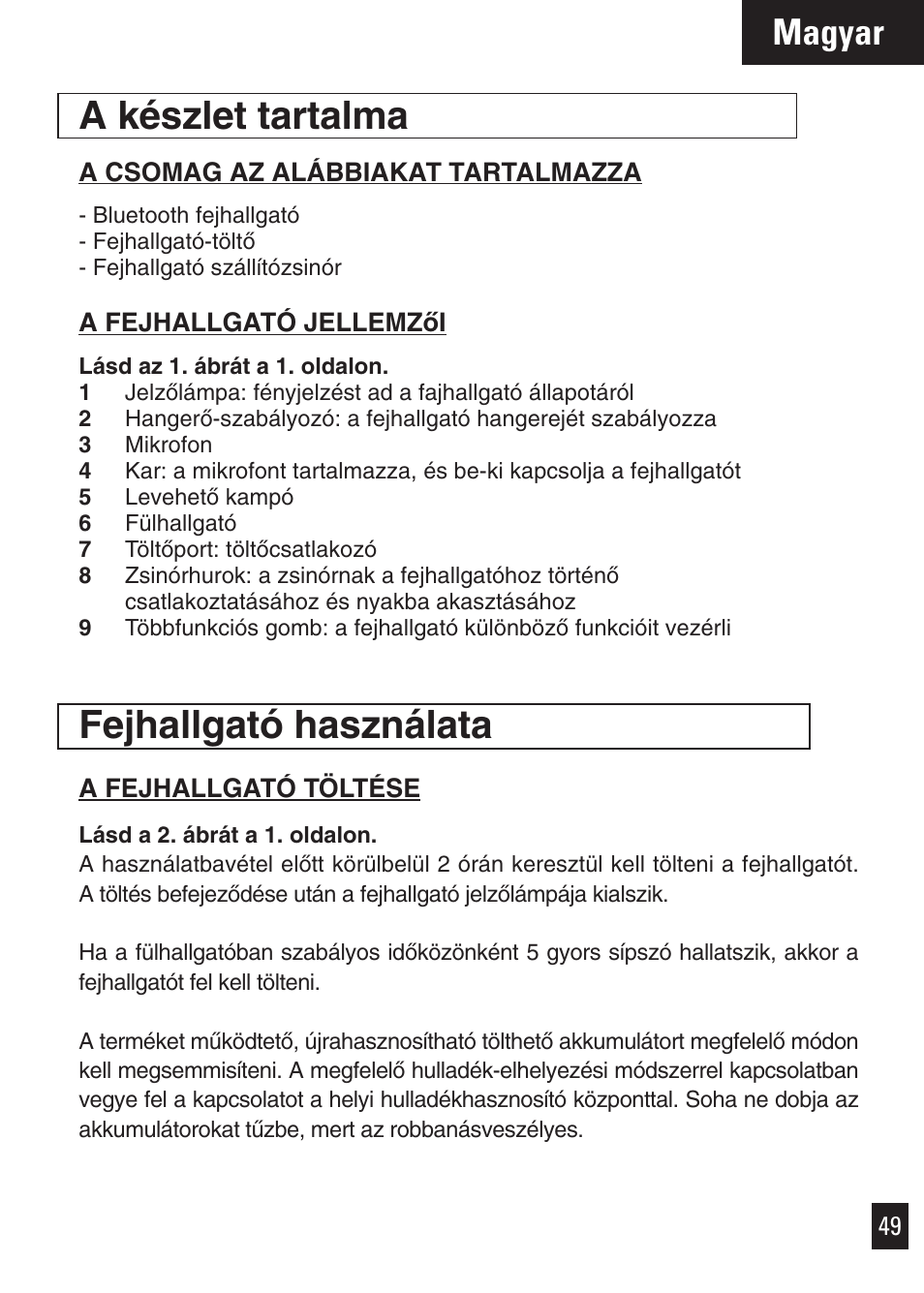 A készlet tartalma, Fejhallgató használata, Magyar | Motorola Bluetooth User Manual | Page 52 / 84