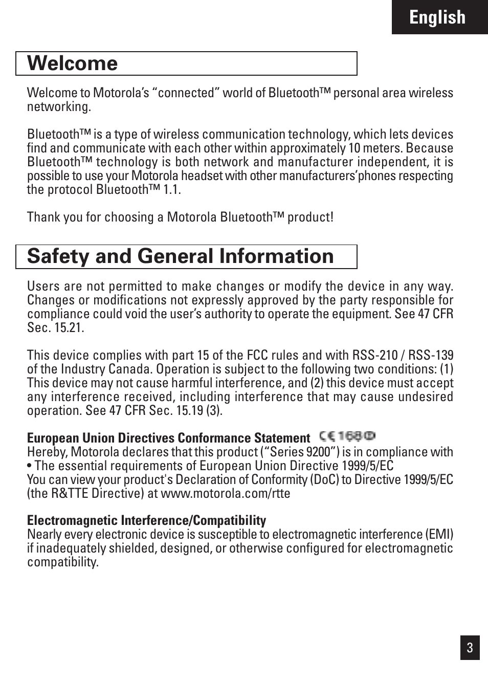 Welcome, Safety and general information, English | Motorola Bluetooth User Manual | Page 6 / 84