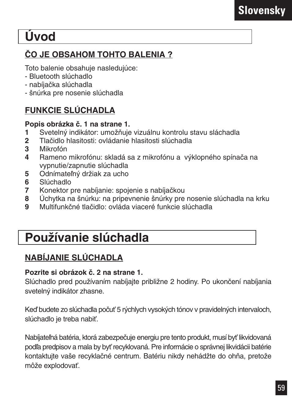 Úvod, Pouïívanie slúchadla, Slovensky | Motorola Bluetooth User Manual | Page 62 / 84