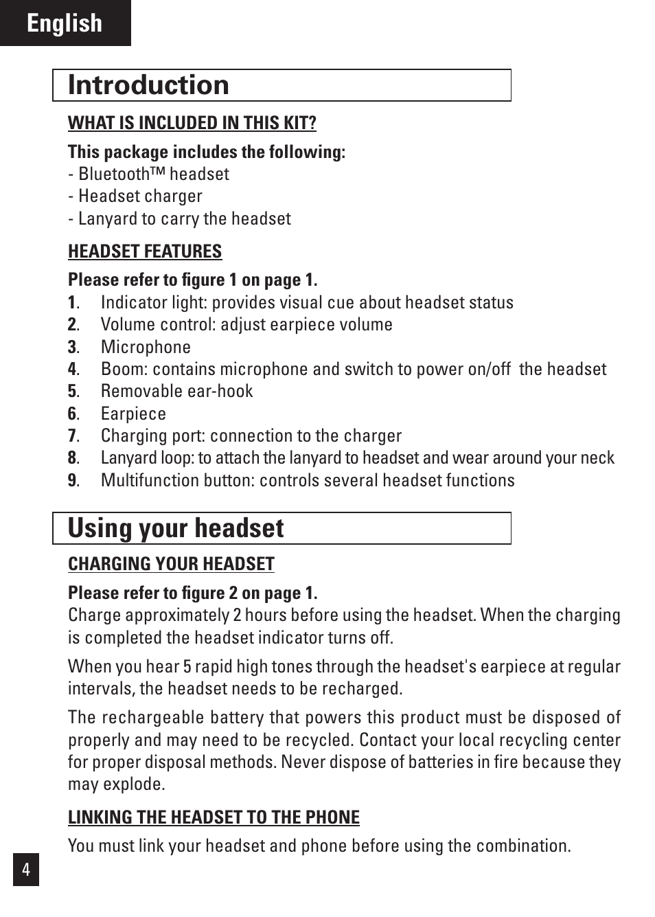 Introduction, Using your headset, English | Motorola Bluetooth User Manual | Page 7 / 84