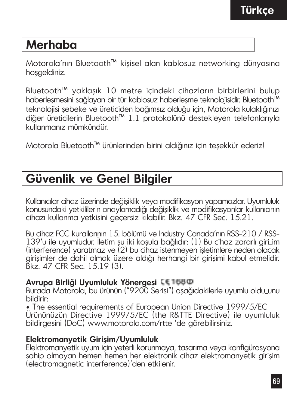 Merhaba, Güvenlik ve genel bilgiler, Türkçe | Motorola Bluetooth User Manual | Page 72 / 84