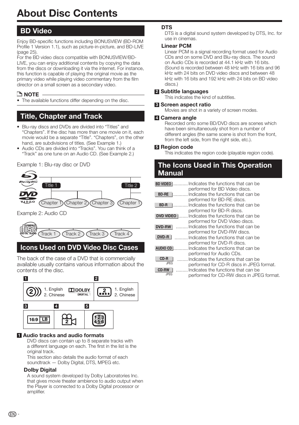 About disc contents, Bd video, Title, chapter and track | Icons used on dvd video disc cases, The icons used in this operation manual | Sharp BD-HP17U User Manual | Page 10 / 55