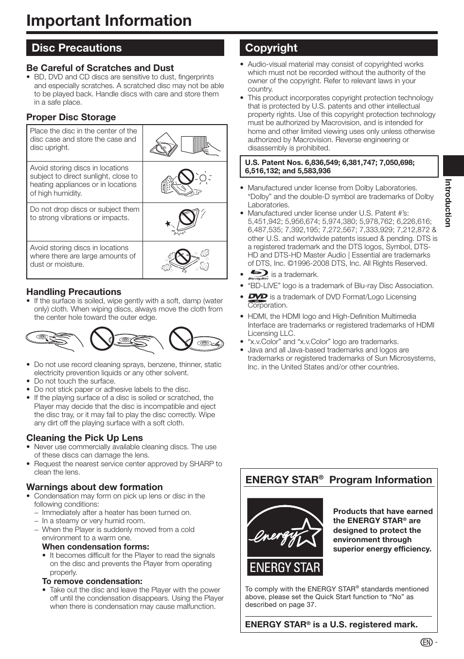 Important information, Disc precautions, Copyright | Energy star, Program information | Sharp BD-HP17U User Manual | Page 11 / 55