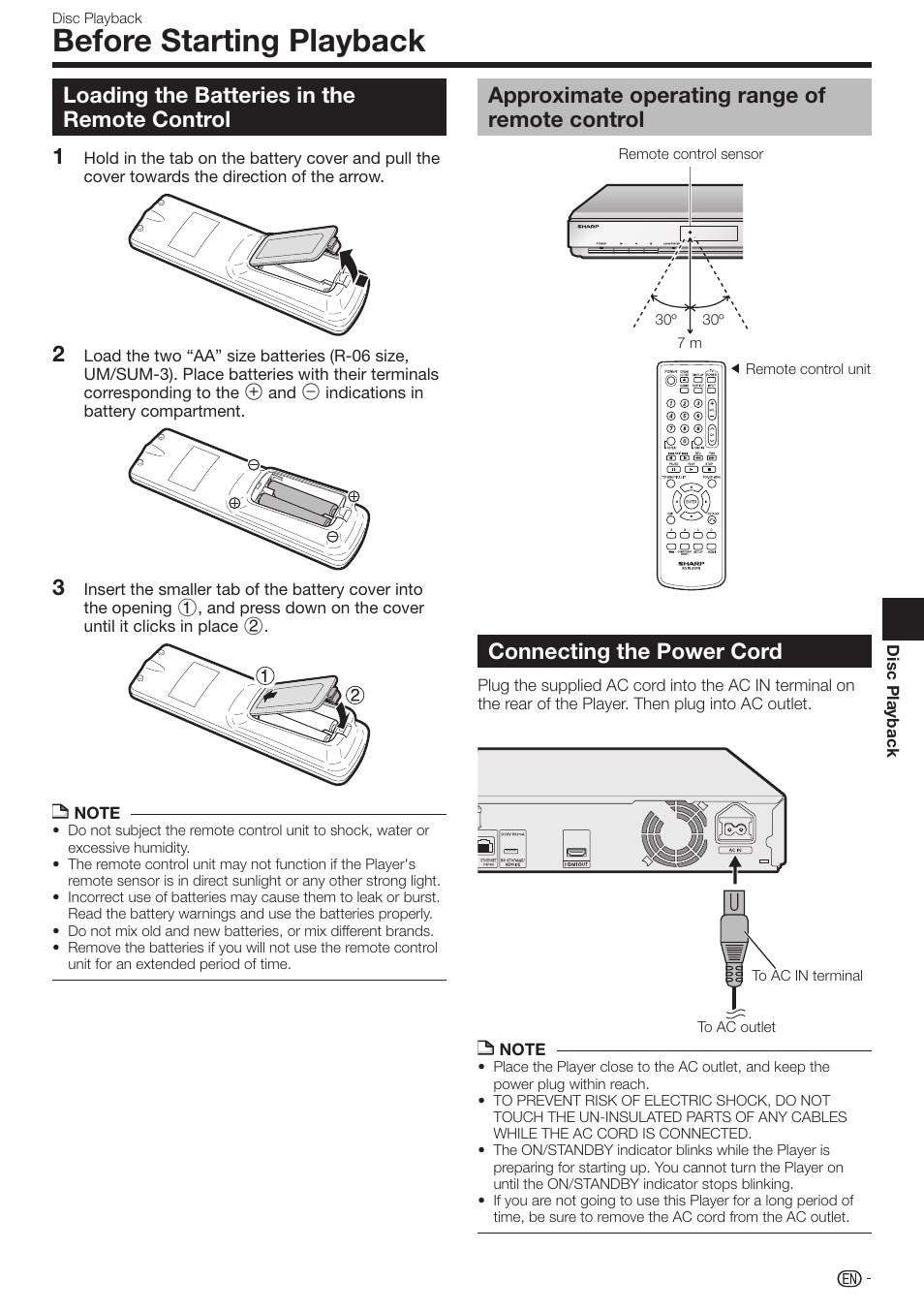 Disc playback, Before starting playback, Loading the batteries in the remote control | Approximate operating range of remote control, Connecting the power cord, 12 3 connecting the power cord | Sharp BD-HP17U User Manual | Page 21 / 55