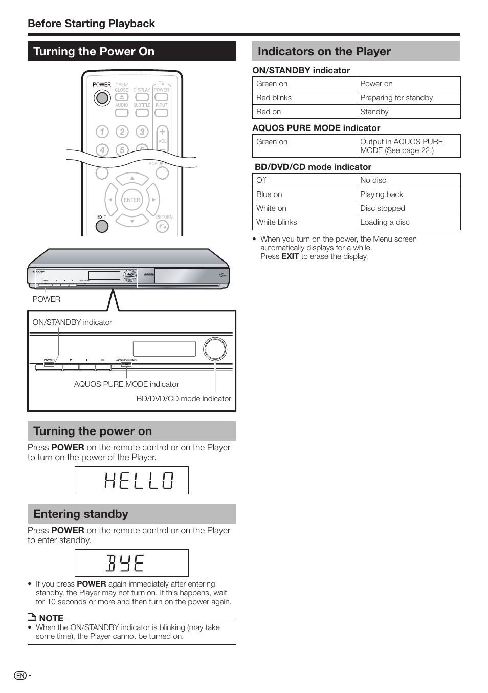 Turning the power on, Entering standby, Indicators on the player | Turning the power on turning the power on, Before starting playback | Sharp BD-HP17U User Manual | Page 22 / 55