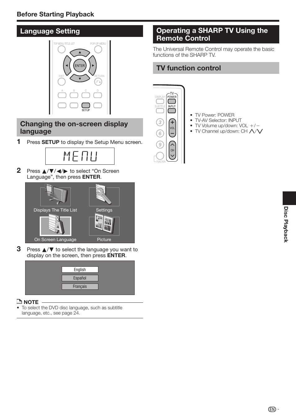 Language setting, Changing the on-screen display language, Operating a sharp tv using the remote control | Tv function control, Before starting playback | Sharp BD-HP17U User Manual | Page 23 / 55