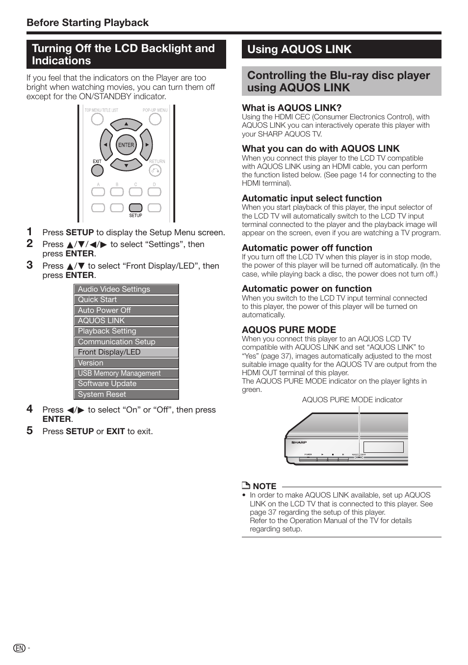 Turning off the lcd backlight and indications, Using aquos link, Before starting playback | Sharp BD-HP17U User Manual | Page 24 / 55