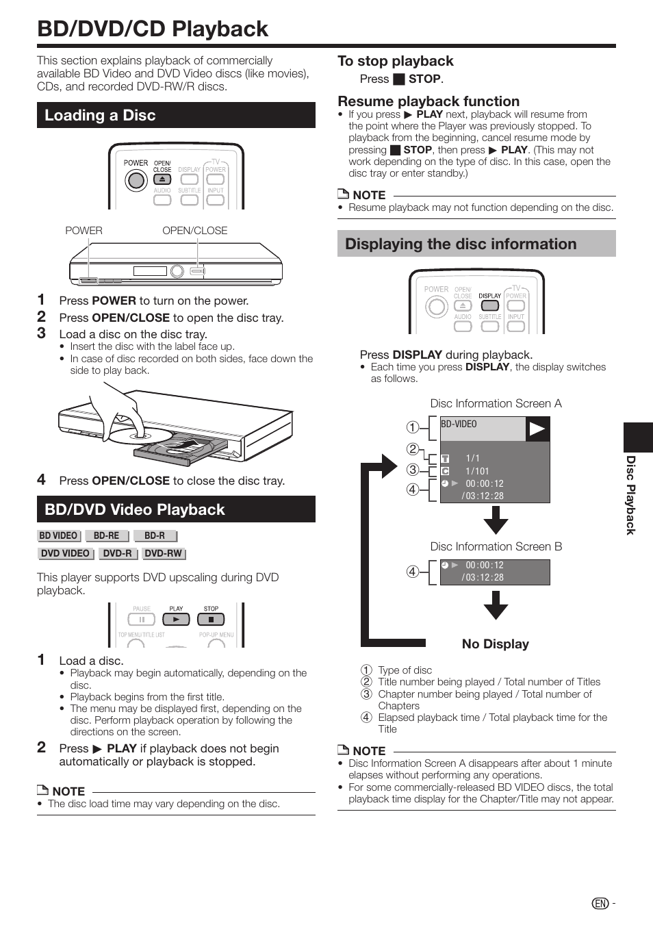 Bd/dvd/cd playback, Loading a disc, Bd/dvd video playback | Displaying the disc information, Resume playback function | Sharp BD-HP17U User Manual | Page 25 / 55