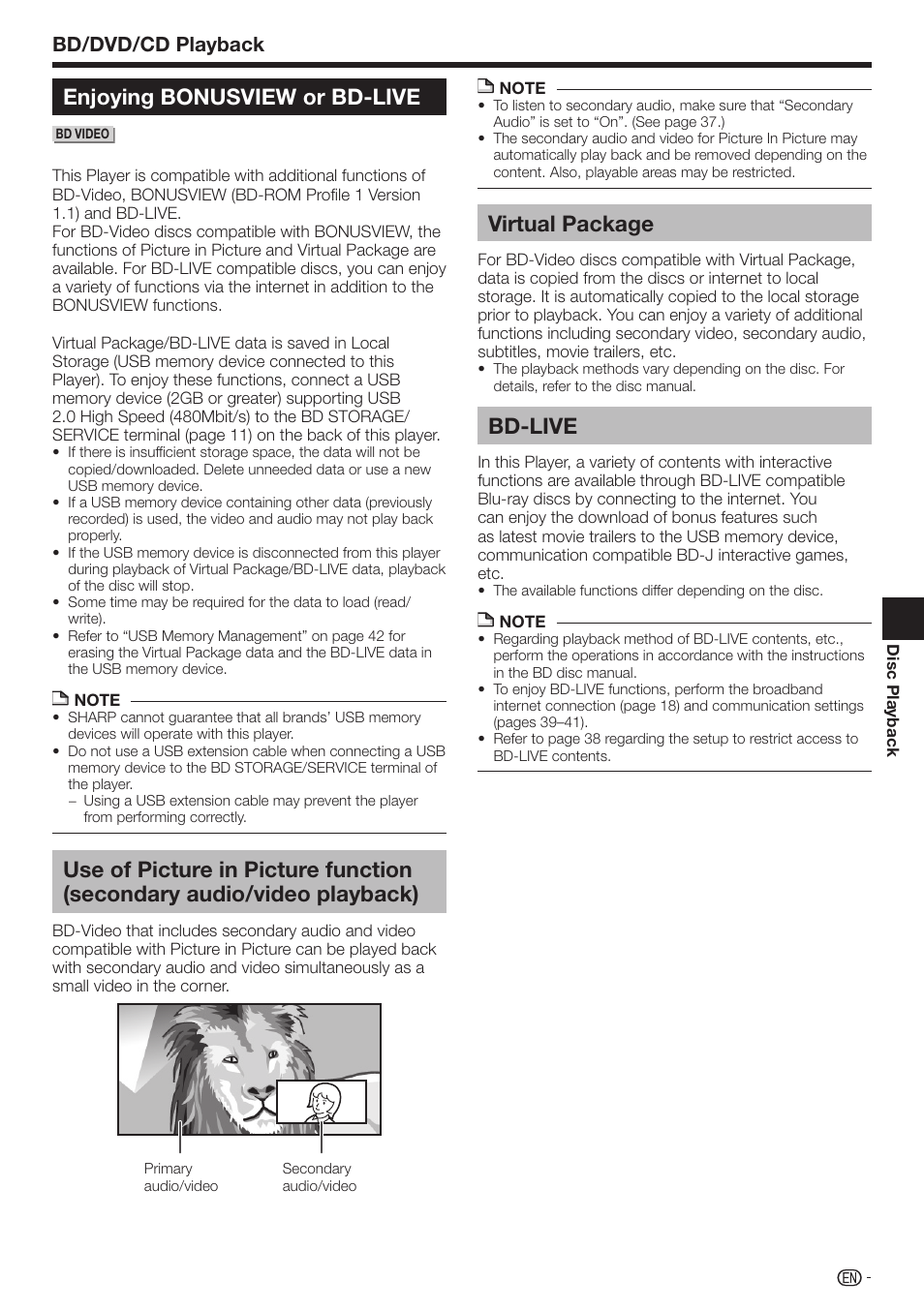 Enjoying bonusview or bd-live, Virtual package, Bd-live | Bd/dvd/cd playback | Sharp BD-HP17U User Manual | Page 27 / 55