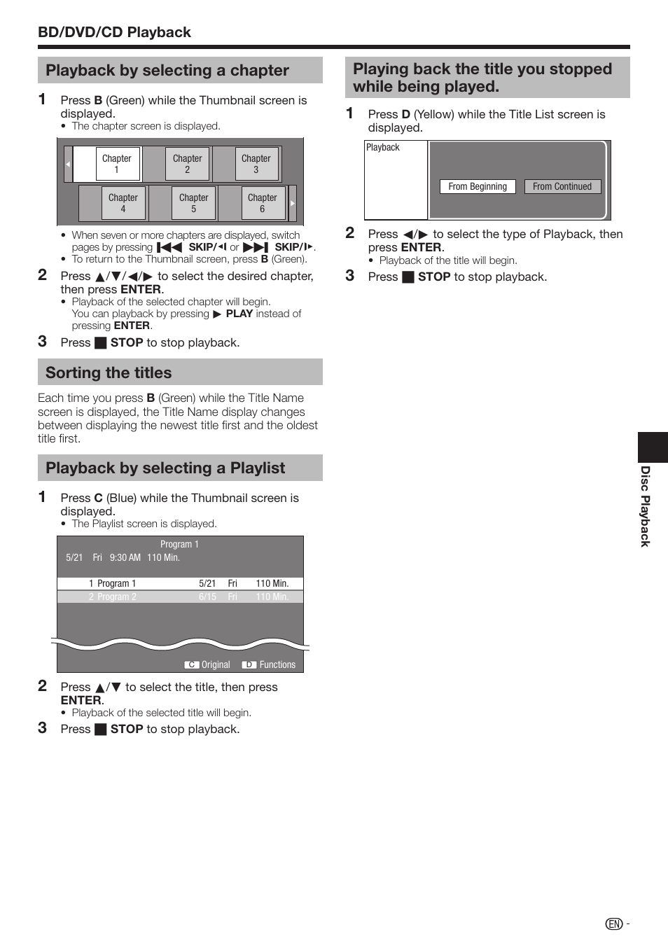 Playback by selecting a chapter, Sorting the titles, Playback by selecting a playlist | 3playback by selecting a chapter, Bd/dvd/cd playback | Sharp BD-HP17U User Manual | Page 29 / 55