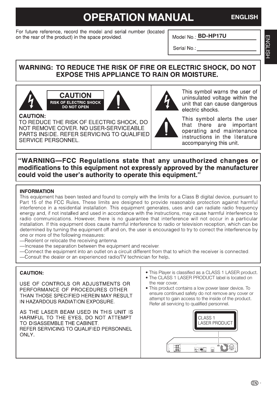 Operation manual | Sharp BD-HP17U User Manual | Page 3 / 55