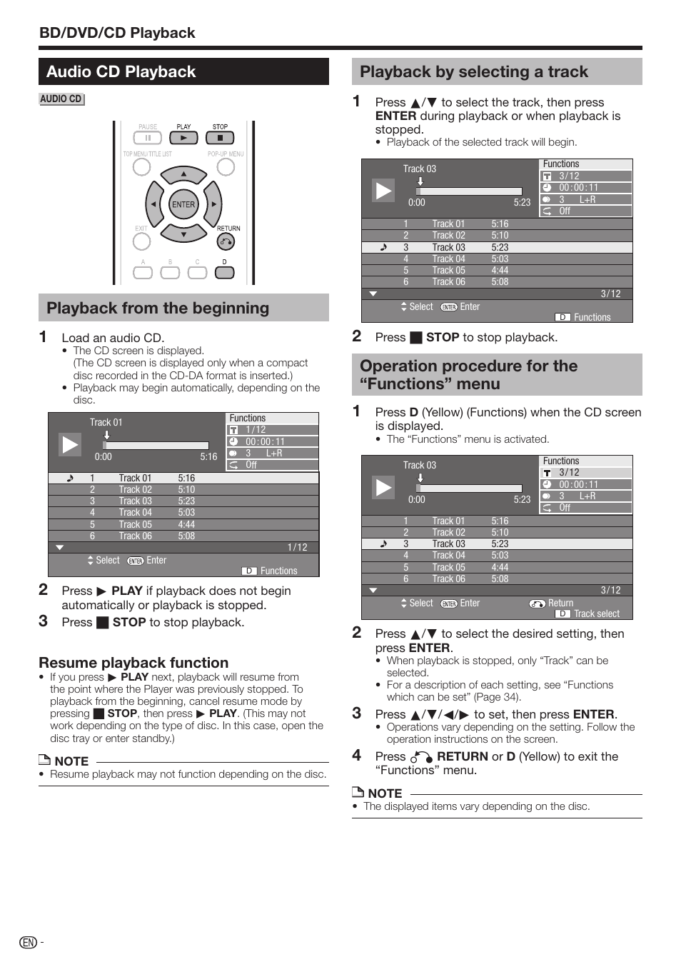 Audio cd playback, Playback from the beginning, Playback by selecting a track | Operation procedure for the “functions” menu, Bd/dvd/cd playback, Resume playback function | Sharp BD-HP17U User Manual | Page 30 / 55